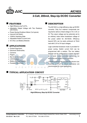 AIC1633-5CN datasheet - 2-Cell, 200mA, Step-Up DC/DC Converter