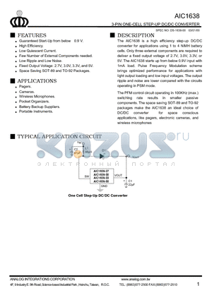 AIC1638-27CX datasheet - 3-PIN ONE-CELL STEP-UP DC/DC CONVERTER