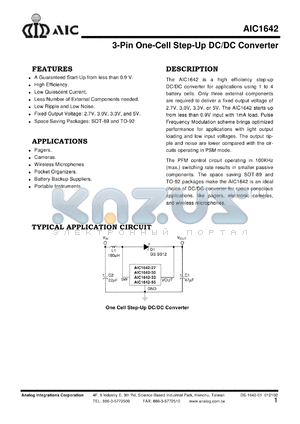 AIC164227ZTB datasheet - 3-Pin One-Cell Step-Up DC/DC Converter