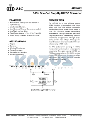AIC164230ZTR datasheet - 3-Pin One-Cell Step-Up DC/DC Converter