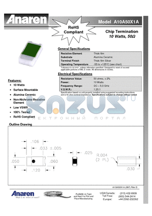 A10A50X1A datasheet - Chip Termination 10 Watts, 50W