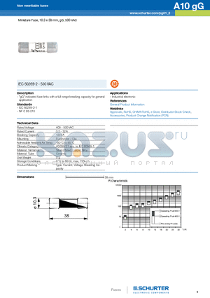 A10GG datasheet - Miniature Fuse, 10.3 x 38 mm, gG, 500 VAC