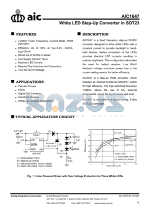 AIC1647CVTR datasheet - WHITE LED STEP-UP CONVERTER IN SOT23