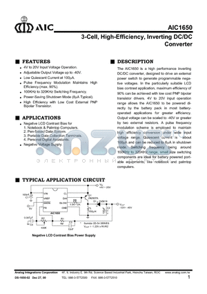 AIC1650CS datasheet - 3-Cell, High-Efficiency, Inverting DC/DC Converter