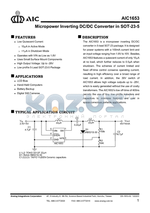 AIC1653CVBG datasheet - Micropower Inverting DC/DC Converter in SOT-23-5