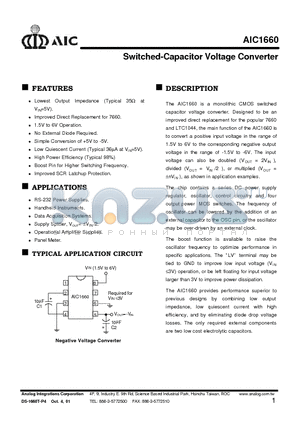 AIC1660 datasheet - Switched-Capacitor Voltage Converter