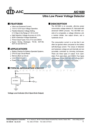 AIC1680-C16CX datasheet - Ultra Low Power Voltage Detector
