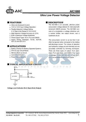 AIC1680-N16CU datasheet - Ultra Low Power Voltage Detector