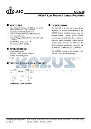 AIC1720-30CX datasheet - 100mA Low Dropout Linear Regulator