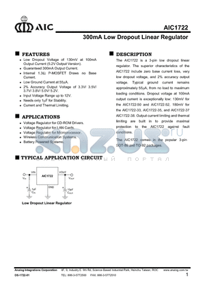 AIC1722-37CZT datasheet - 300mA Low Dropout Linear Regulator