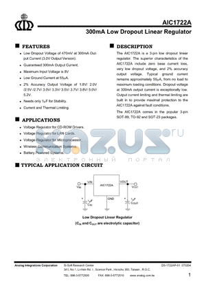 AIC1722A-18CUTR datasheet - 300mA Low Dropout Linear Regulator