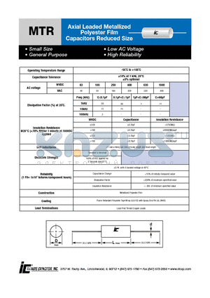 105MTR102KN datasheet - Axial Leaded Metallized Polyester Film Capacitors Reduced Size