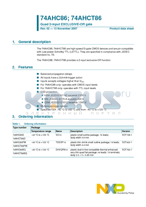 74AHCT86 datasheet - Quad 2-input EXCLUSIVE-OR gate