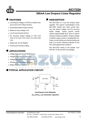 AIC1722A-30CXATR datasheet - 300mA Low Dropout Linear Regulator