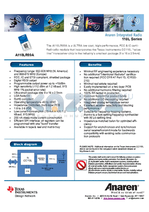 A1101R09C00GM datasheet - The A110LR09A is a ULTRA low cost, high-performance, FCC & IC certified radio module