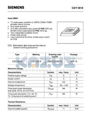 CGY0819 datasheet - GaAs MMIC (Tri mode power amplifier for AMPS/ CDMA /TDMA portable cellular phones Dual band operation)