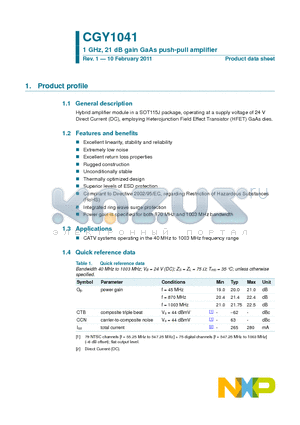 CGY1041 datasheet - 1 GHz, 21 dB gain GaAs push-pull amplifier