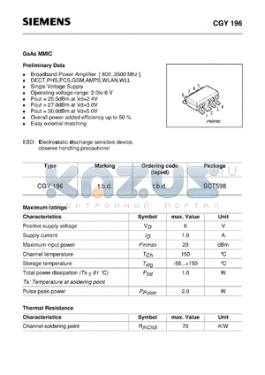 CGY196 datasheet - GaAs MMIC (Broadband Power Amplifier [ 800..3500 Mhz ] DECT,PHS,PCS,GSM,AMPS,WLAN,WLL Single Voltage Supply)
