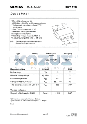 CGY120 datasheet - GaAs MMIC (Monolithic microwave IC MMIC-Amplifier for mobile communication)