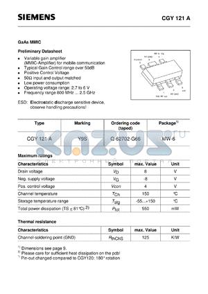 CGY121 datasheet - GaAs MMIC (Variable gain amplifier MMIC-Amplifier for mobile communication Typical Gain Control range over 50dB)