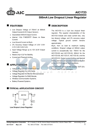 AIC1723-33CET datasheet - 500mA Low Dropout Linear Regulator