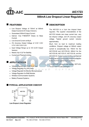 AIC1723-37CF datasheet - 500mA Low Dropout Linear Regulator