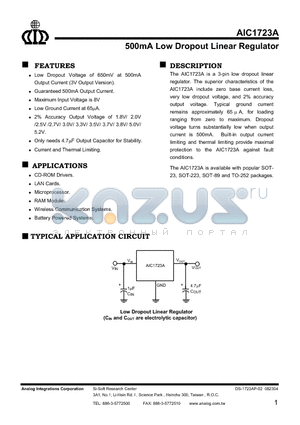 AIC1723A-18CYTB datasheet - 500mA Low Dropout Linear Regulator