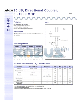 CH-140PIN datasheet - 20dB, Bi-Directional Couplers, 1 - 5000 MHz