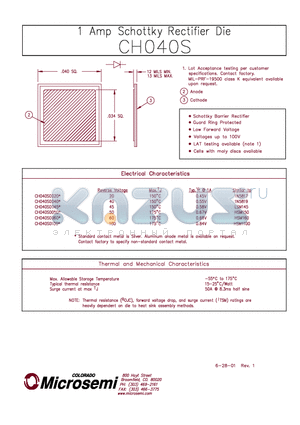 CH040S0050 datasheet - 1 AMP SCHOTTKY RECTIFIER DIE