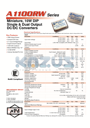 A1115RW datasheet - Miniature, 10W DIP Single & Dual Output DC/DC Converters