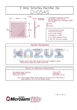 CH054S0100 datasheet - 2 AMP SCHOTTKY RECTIFIER DIE