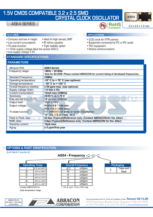 ASE4 datasheet - 1.5V CMOS COMPATIBLE 3.2 x 2.5 SMD CRYSTAL CLOCK OSCILLATOR