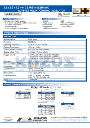 ASEK132.768KHZECST datasheet - 3.2 x 2.5 x 1.2 mm 32.768kHz CERAMIC SURFACE MOUNT CRYSTAL OSCILLATOR