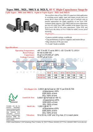 380LX103M025J022 datasheet - 85 C High-Capacitance Snap-In