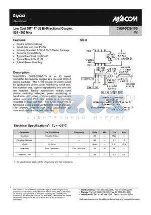 CH20-0032-17G_1 datasheet - Low Cost SMT 17dB Bi-Directional Coupler, 824-960 MHz