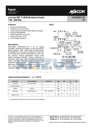 CH20-0033-17G-RTR datasheet - Low Cost SMT 17dB Bi-Directional Coupler, 1700-2000 MHz