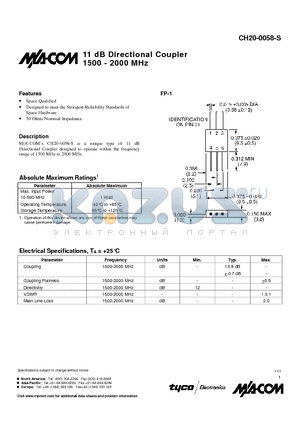 CH20-0058-S datasheet - 11 dB Directional Coupler 1500 - 2000 MHz