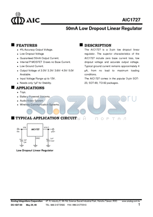 AIC1727-33CU datasheet - 50mA Low Dropout Linear Regulator