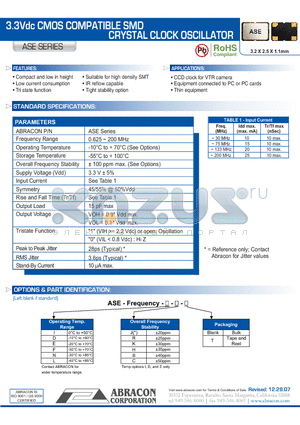 ASE_07 datasheet - 3.3Vdc CMOS COMPATIBLE SMD CRYSTAL CLOCK OSCILLATOR