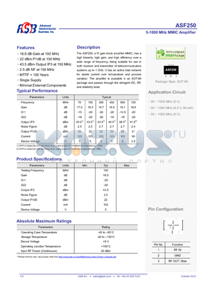 ASF250 datasheet - 5-1000 MHz MMIC Amplifier