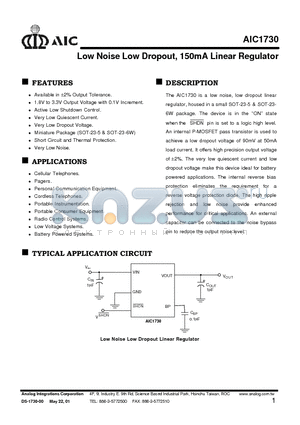 AIC1730-23CQ datasheet - Low Noise Low Dropout, 150mA Linear Regulator