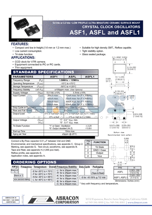 ASFL datasheet - 5.0 Vdc or 3.3 Vdc LOW PROFILE ULTRA MINIATURE CERAMIC SURFACE MOUNT CRYSTAL CLOCK OSCILLATORS