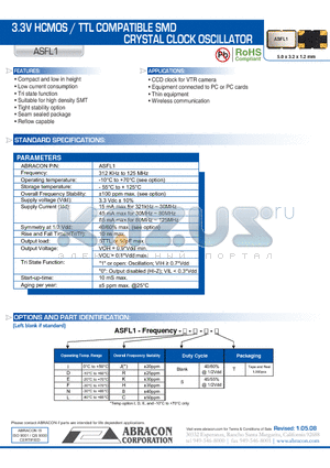 ASFL1 datasheet - 3.3V HCMOS / TTL COMPATIBLE SMD CRYSTAL CLOCK OSCILLATOR