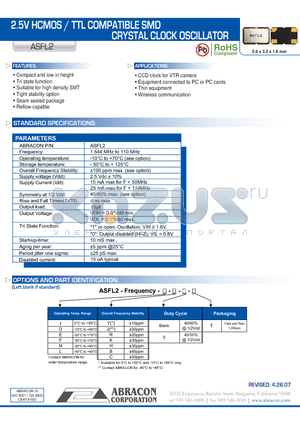 ASFL2 datasheet - 2.5V HCMOS / TTL COMPATIBLE SMD CRYSTAL CLOCK OSCILLATOR