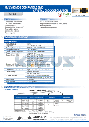 ASFL3 datasheet - 1.8V LVHCMOS COMPATIBLE SMD CRYSTAL CLOCK OSCILLATOR