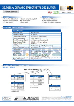 ASFLK datasheet - 32.768kHz CERAMIC SMD CRYSTAL OSCILLATOR