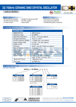 ASFLK datasheet - 32.768kHz CERAMIC SMD CRYSTAL OSCILLATOR