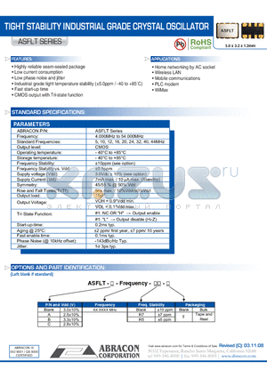 ASFLT datasheet - TIGHT STABILITY INDUSTRIAL GRADE CRYSTAL OSCILLATOR