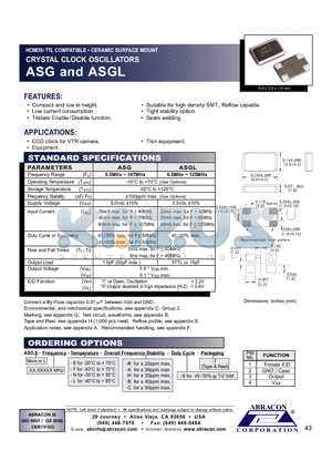 ASG datasheet - HCMOS/ TTL COMPATIBLE CERAMIC SURFACE MOUNT CRYSTAL CLOCK OSCILLATORS