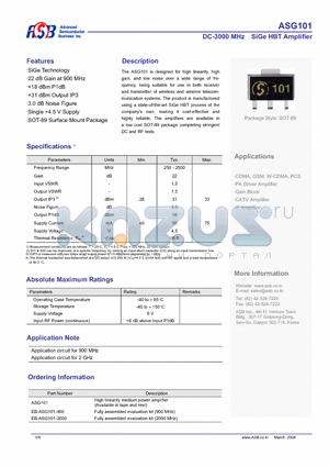 ASG101 datasheet - DC-3000 MHz  SiGe HBT Amplifier
